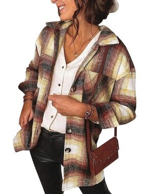 Starlow Plaid Button-Up Shacket Jacket in Brown & Cream